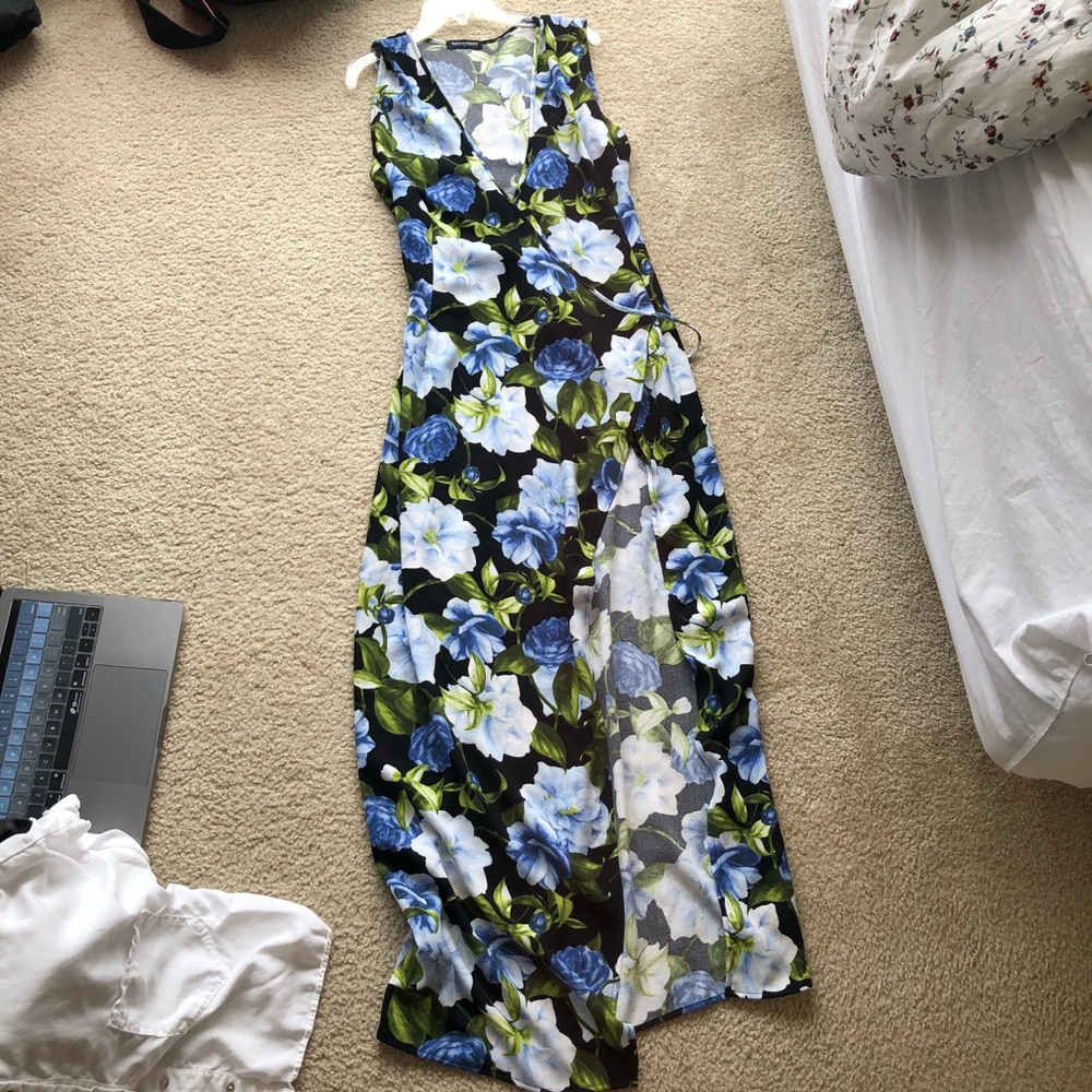 Blue green black floral elegant maxi dress AA